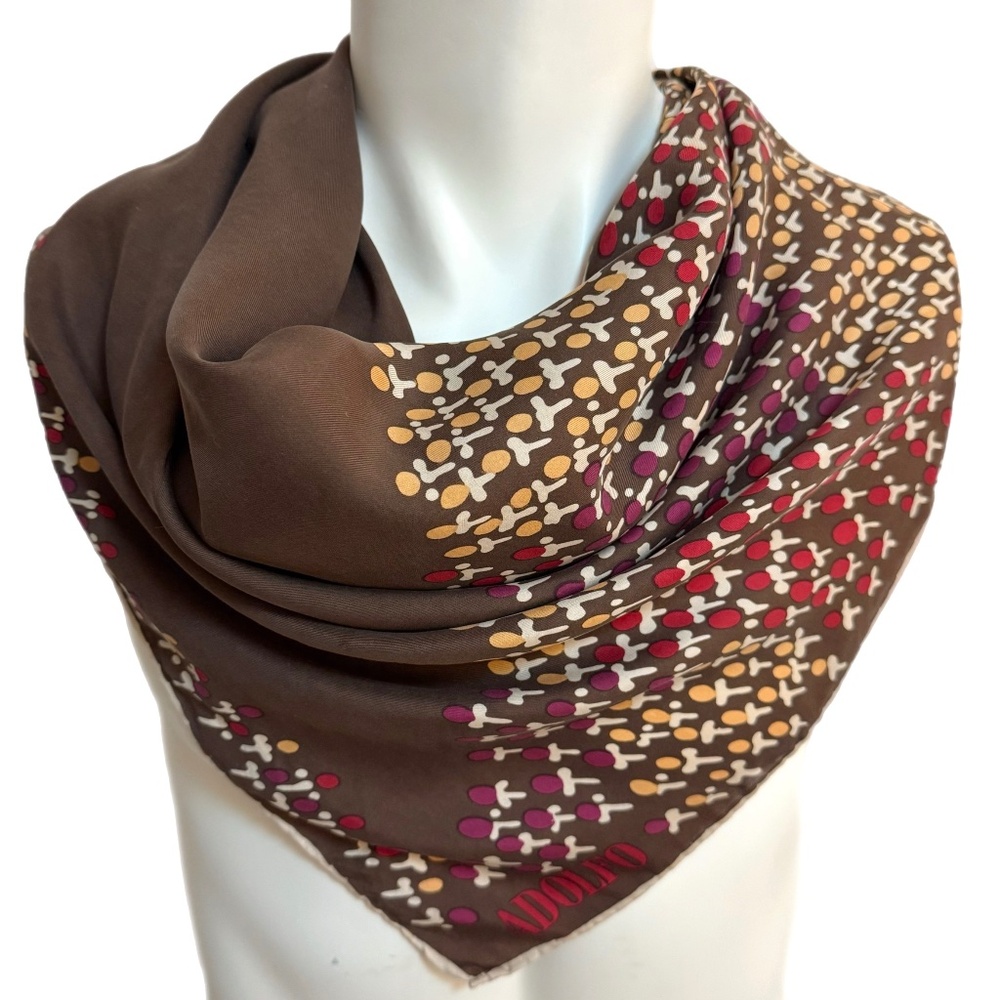 Adolfo Vintage Silk Scarf – Brown with Multicolor Abstract Dots – 31” Square